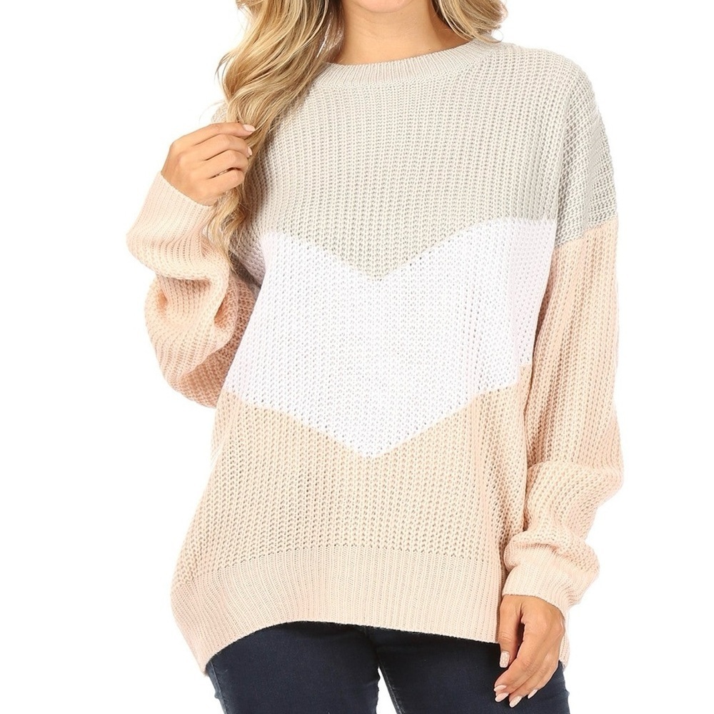 Shein Color Block Sweater Gray White Light Pink Knit Relaxed Fit Small Women’s